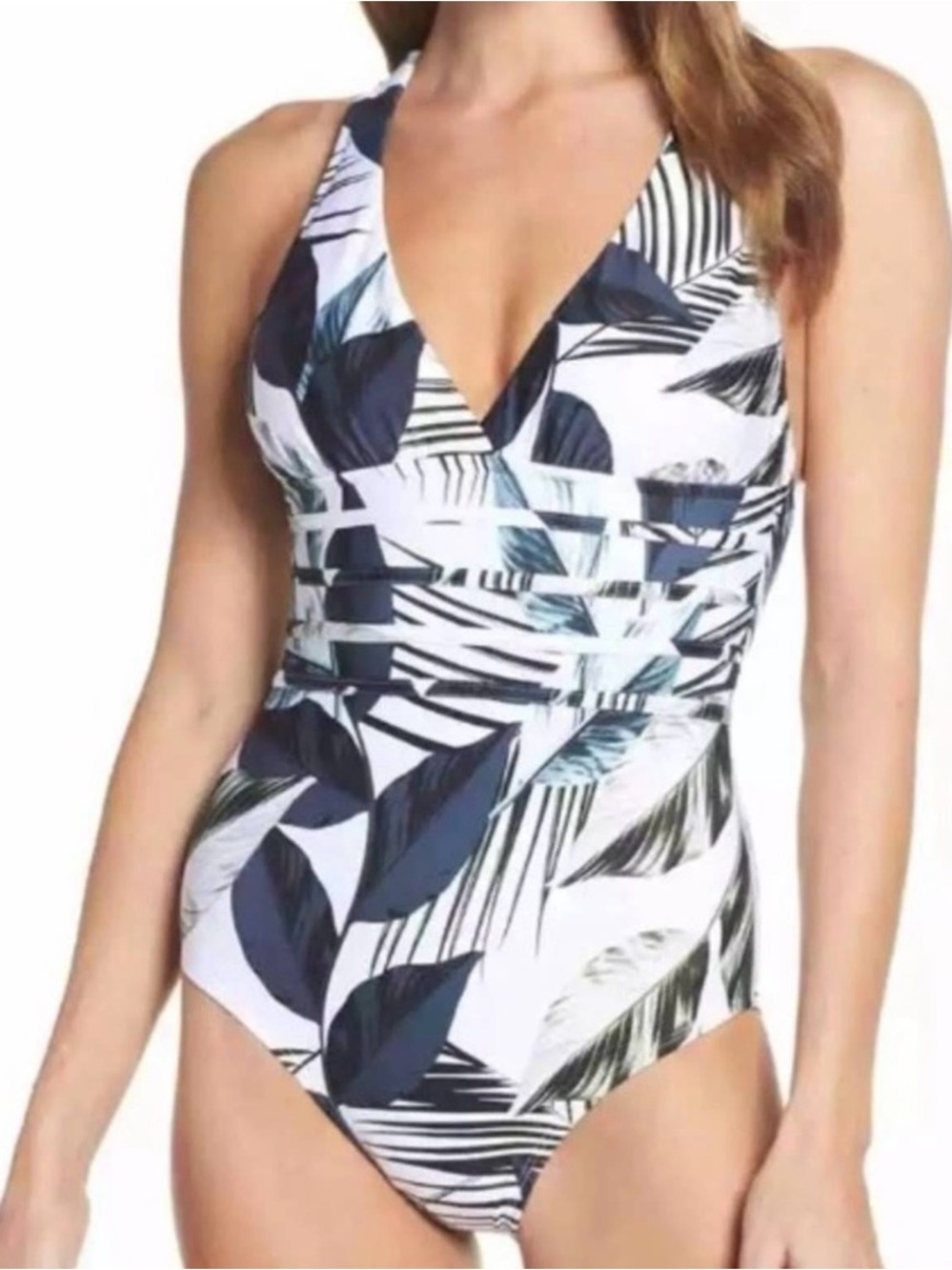 La Blanca Women’s White & Navy Leaf Print One-Piece Swimsuit